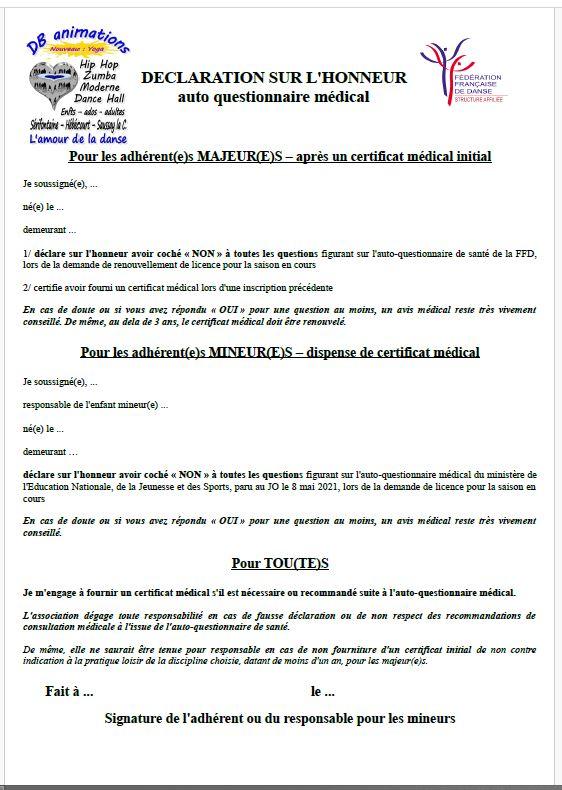 2024 2025 d db declaration sur l honneur autoquestionnaire medical